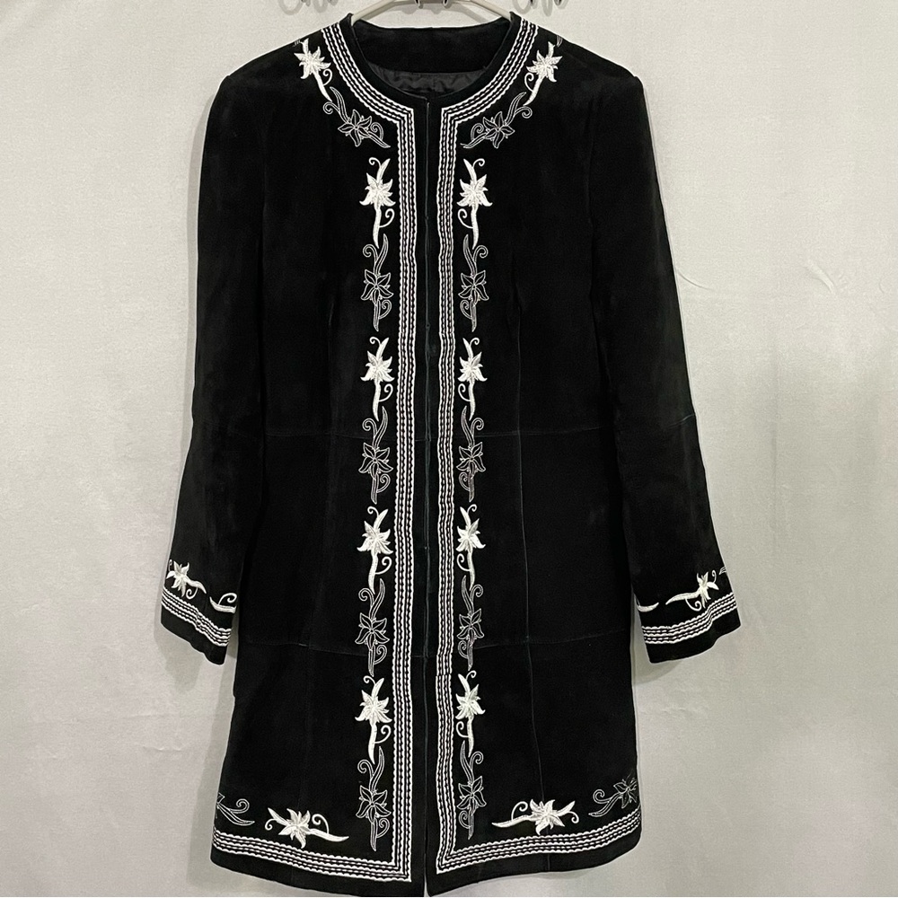 Bernardo Suede Leather Embroidered Floral Jacket Coat Size M Classic Timeless